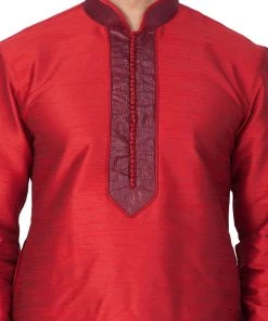 Vastramay Men's Maroon Cotton Silk Blend Kurta And Pyjama Set