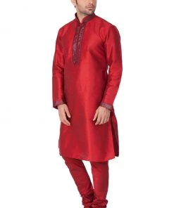 Vastramay Men's Maroon Cotton Silk Blend Kurta And Pyjama Set