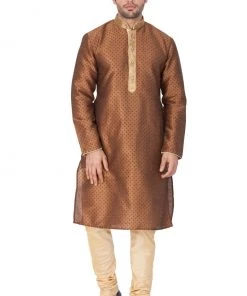 Vastramay Men's Brown Cotton Silk Blend Kurta And Pyjama Set
