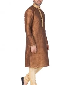 Vastramay Men's Brown Cotton Silk Blend Kurta And Pyjama Set