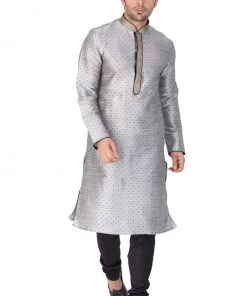 Vastramay Men's Grey Cotton Silk Blend Kurta And Pyjama Set