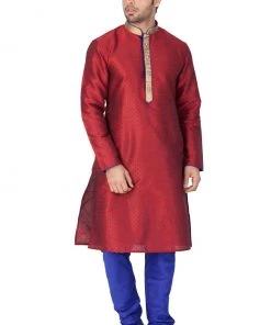 Vastramay Men's Maroon Cotton Silk Blend Kurta And Pyjama Set