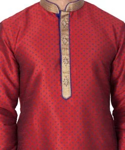 Vastramay Men's Maroon Cotton Silk Blend Kurta And Pyjama Set