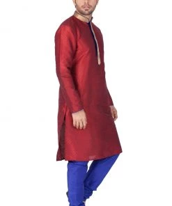 Vastramay Men's Maroon Cotton Silk Blend Kurta And Pyjama Set