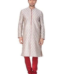 VASTRAMAY Men's Grey Cotton Silk Blend Kurta And Pyjama Set Buy 1 Get 1