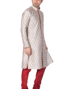 VASTRAMAY Men's Grey Cotton Silk Blend Kurta And Pyjama Set Buy 1 Get 1