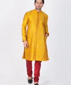 Vastramay Silk Blend Mustard Baap Beta Kurta Pyjama Set