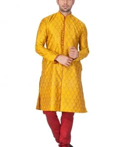 Vastramay Men's Yellow Cotton Silk Blend Kurta And Pyjama Set Kurta Sets