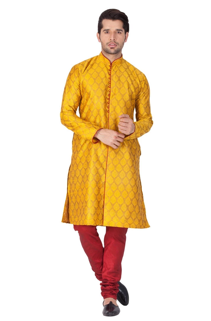 Vastramay Men's Yellow Cotton Silk Blend Kurta And Pyjama Set Kurta Sets 3 Vastramay Men's Yellow Cotton Silk Blend Kurta And Pyjama Set Kurta Sets