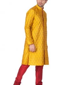Vastramay Men's Yellow Cotton Silk Blend Kurta And Pyjama Set Kurta Sets