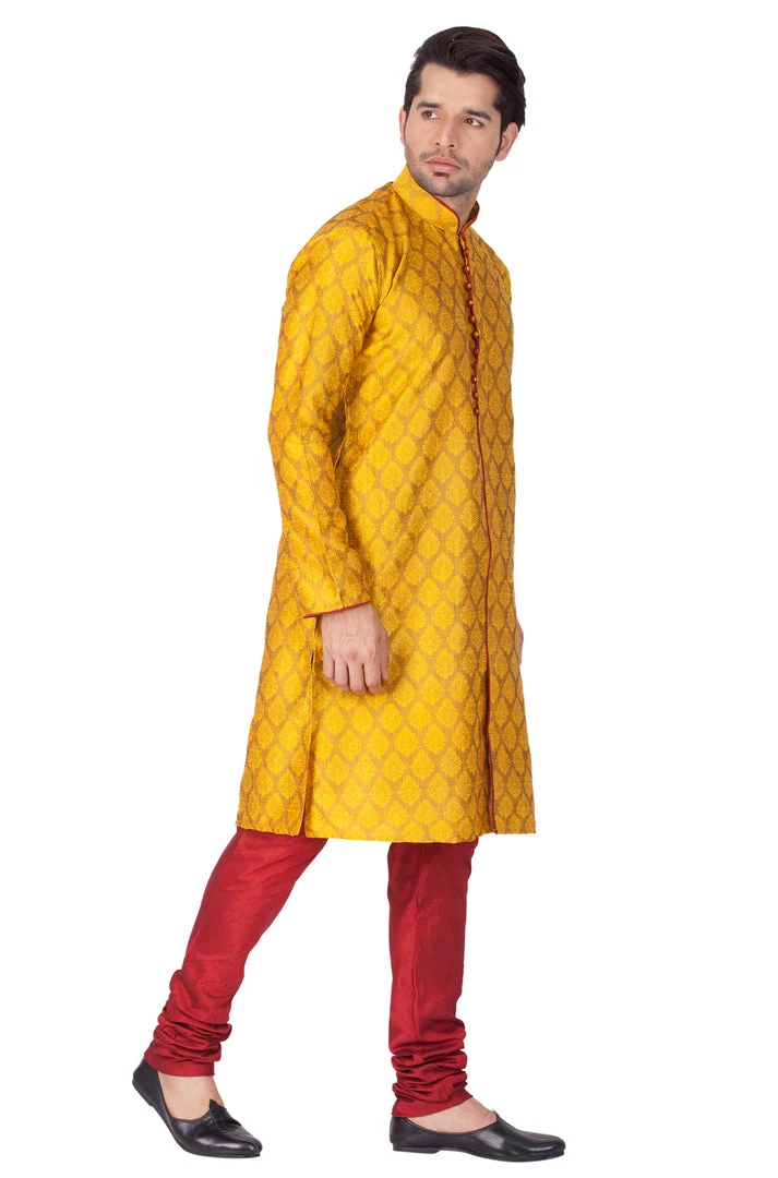 Vastramay Men's Yellow Cotton Silk Blend Kurta And Pyjama Set Kurta Sets 4 Vastramay Men's Yellow Cotton Silk Blend Kurta And Pyjama Set Kurta Sets