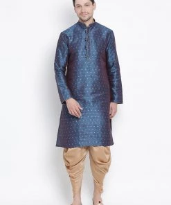 Vastramay Men's Blue Cotton Silk Blend Kurta And Dhoti Pant Set