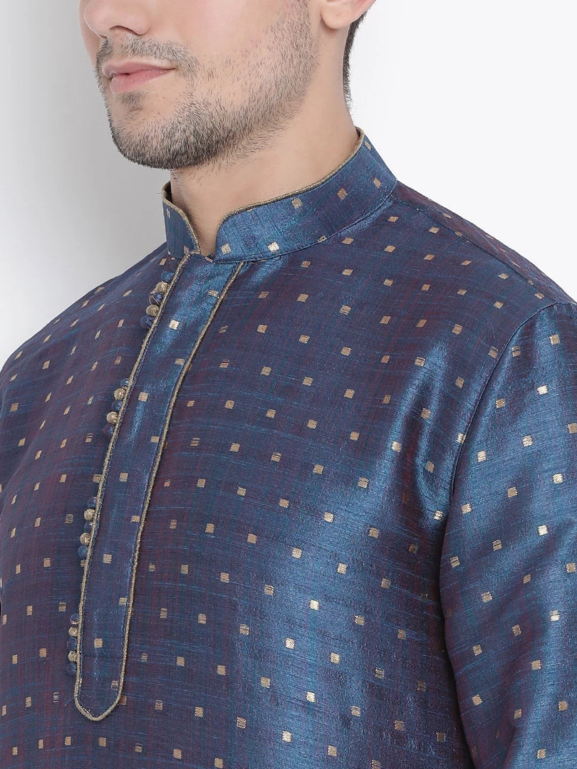 Vastramay Men's Blue Cotton Silk Blend Kurta And Dhoti Pant Set 5 Vastramay Men's Blue Cotton Silk Blend Kurta And Dhoti Pant Set