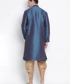 Vastramay Men's Blue Cotton Silk Blend Kurta And Dhoti Pant Set 11 Vastramay Men's Blue Cotton Silk Blend Kurta And Dhoti Pant Set
