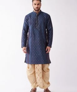 VASTRAMAY Men's Blue Woven Design Silk Blend Kurta And Gold Dhoti Set
