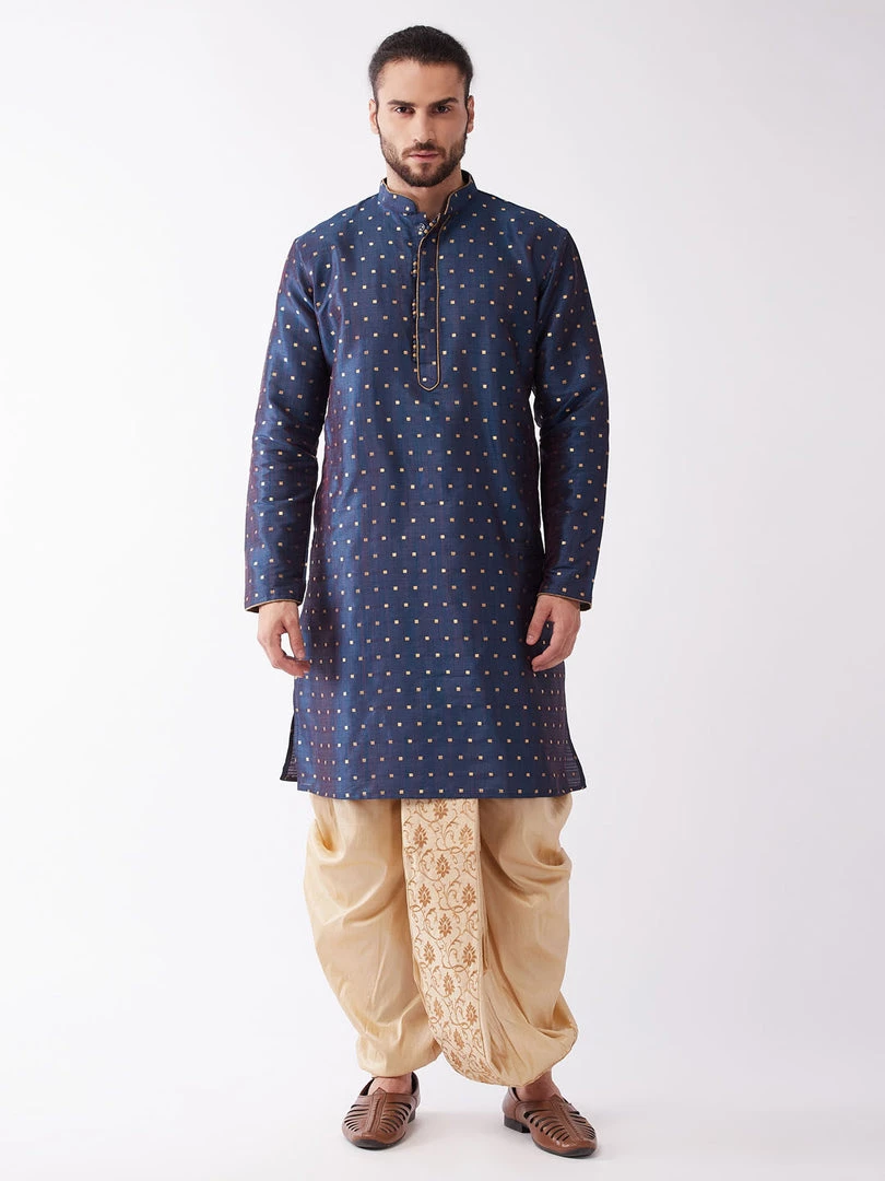 VASTRAMAY Men's Blue Woven Design Silk Blend Kurta And Gold Dhoti Set 3 VASTRAMAY Men's Blue Woven Design Silk Blend Kurta And Gold Dhoti Set