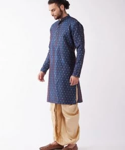 VASTRAMAY Men's Blue Woven Design Silk Blend Kurta And Gold Dhoti Set
