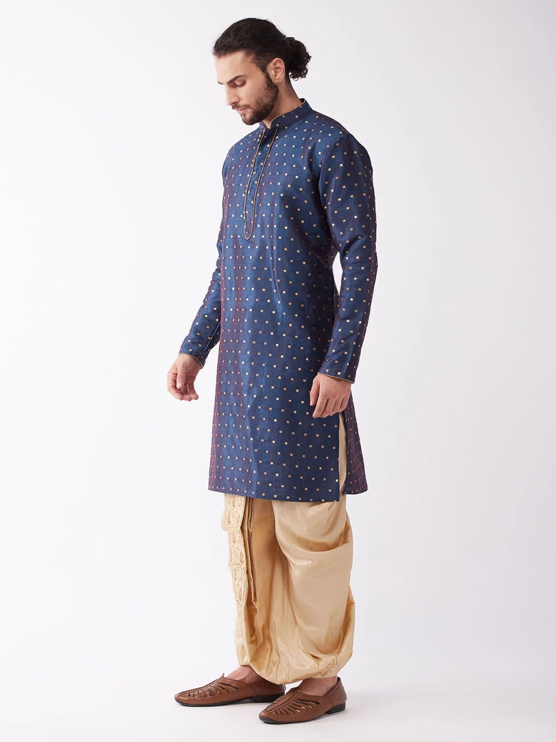 VASTRAMAY Men's Blue Woven Design Silk Blend Kurta And Gold Dhoti Set 4 VASTRAMAY Men's Blue Woven Design Silk Blend Kurta And Gold Dhoti Set