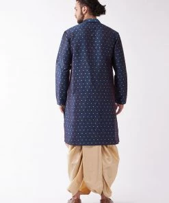 VASTRAMAY Men's Blue Woven Design Silk Blend Kurta And Gold Dhoti Set 11 VASTRAMAY Men's Blue Woven Design Silk Blend Kurta And Gold Dhoti Set
