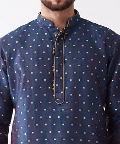 VASTRAMAY Men's Blue Woven Design Silk Blend Kurta And Gold Dhoti Set 12 VASTRAMAY Men's Blue Woven Design Silk Blend Kurta And Gold Dhoti Set