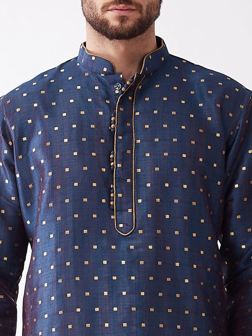 VASTRAMAY Men's Blue Woven Design Silk Blend Kurta And Gold Dhoti Set 6 VASTRAMAY Men's Blue Woven Design Silk Blend Kurta And Gold Dhoti Set