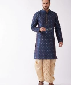 VASTRAMAY Men's Blue Woven Design Silk Blend Kurta And Gold Dhoti Set 14 VASTRAMAY Men's Blue Woven Design Silk Blend Kurta And Gold Dhoti Set