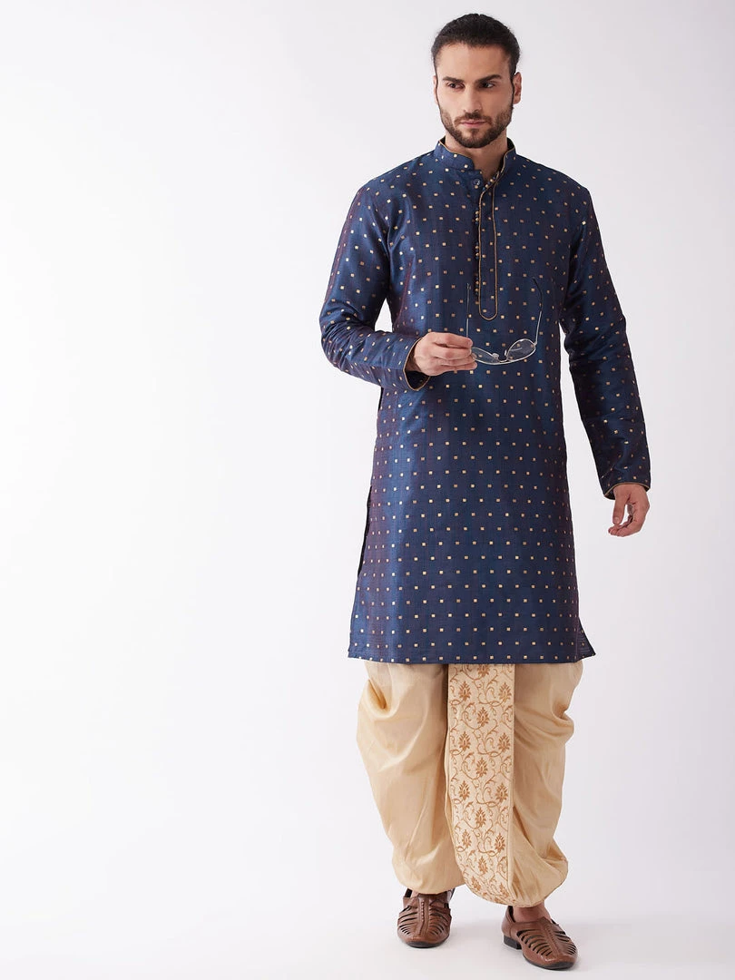 VASTRAMAY Men's Blue Woven Design Silk Blend Kurta And Gold Dhoti Set 8 VASTRAMAY Men's Blue Woven Design Silk Blend Kurta And Gold Dhoti Set
