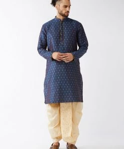 VASTRAMAY Men's Blue And Gold Silk Blend Kurta And Dhoti Set
