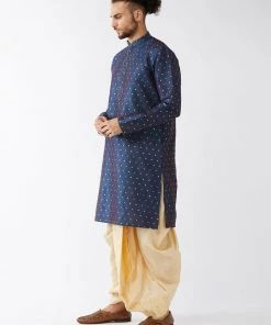 VASTRAMAY Men's Blue And Gold Silk Blend Kurta And Dhoti Set