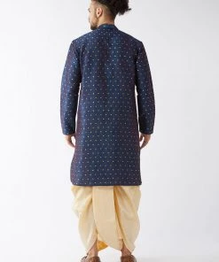 VASTRAMAY Men's Blue And Gold Silk Blend Kurta And Dhoti Set 11 VASTRAMAY Men's Blue And Gold Silk Blend Kurta And Dhoti Set