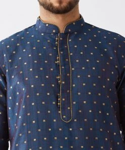 VASTRAMAY Men's Blue And Gold Silk Blend Kurta And Dhoti Set 12 VASTRAMAY Men's Blue And Gold Silk Blend Kurta And Dhoti Set