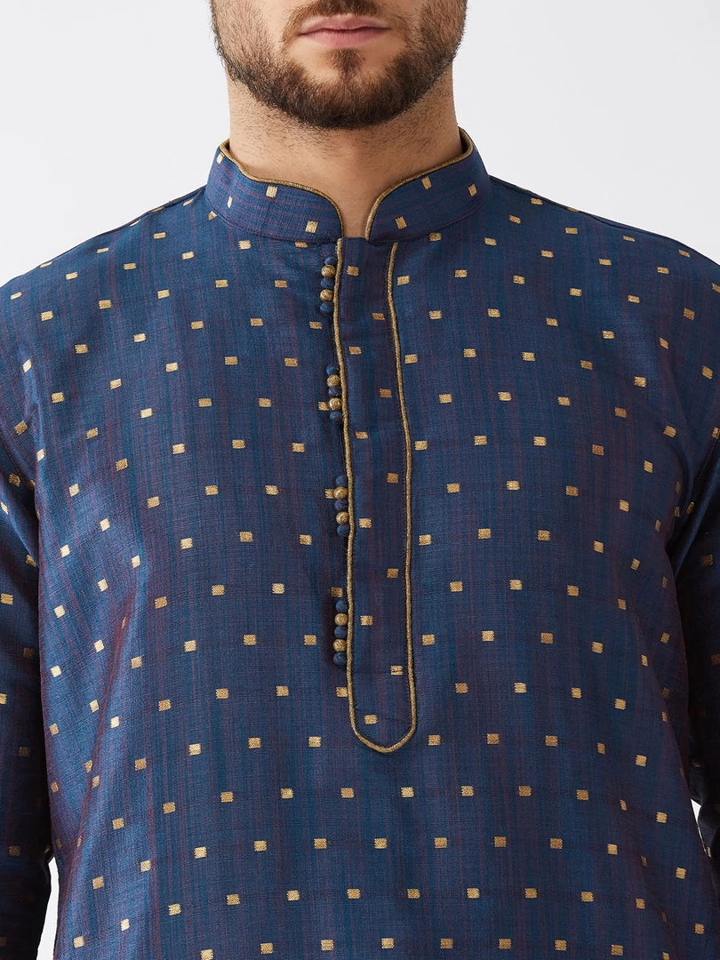 VASTRAMAY Men's Blue And Gold Silk Blend Kurta And Dhoti Set 6 VASTRAMAY Men's Blue And Gold Silk Blend Kurta And Dhoti Set