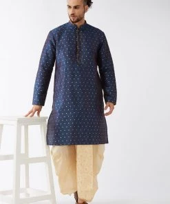 VASTRAMAY Men's Blue And Gold Silk Blend Kurta And Dhoti Set 14 VASTRAMAY Men's Blue And Gold Silk Blend Kurta And Dhoti Set
