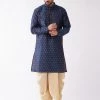 VASTRAMAY Men's Blue And Gold Silk Blend Kurta And Dhoti Set