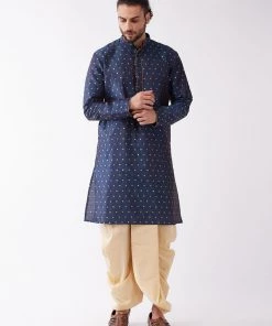 VASTRAMAY Men's Blue And Gold Silk Blend Kurta And Dhoti Set