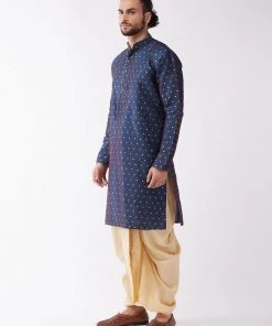 VASTRAMAY Men's Blue And Gold Silk Blend Kurta And Dhoti Set