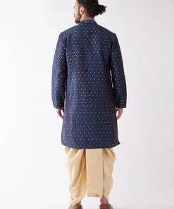 VASTRAMAY Men's Blue And Gold Silk Blend Kurta And Dhoti Set