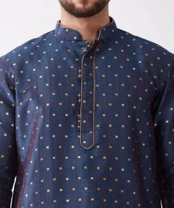 VASTRAMAY Men's Blue And Gold Silk Blend Kurta And Dhoti Set
