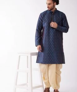 VASTRAMAY Men's Blue And Gold Silk Blend Kurta And Dhoti Set