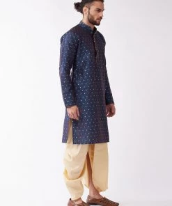 VASTRAMAY Men's Blue And Gold Silk Blend Kurta And Dhoti Set