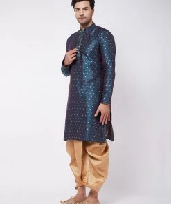 VASTRAMAY Men's Blue And Rose Gold Silk Blend Kurta And Dhoti Set
