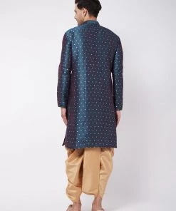 VASTRAMAY Men's Blue And Rose Gold Silk Blend Kurta And Dhoti Set