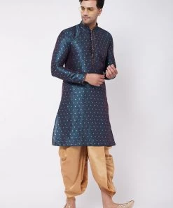 VASTRAMAY Men's Blue And Rose Gold Silk Blend Kurta And Dhoti Set