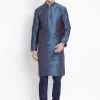 Vastramay Men's Blue Cotton Silk Blend Kurta And Pyjama Set
