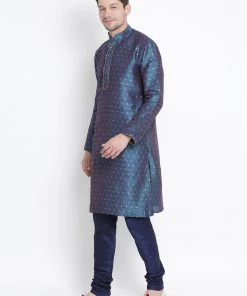 Vastramay Men's Blue Cotton Silk Blend Kurta And Pyjama Set