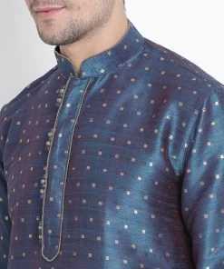 Vastramay Men's Blue Cotton Silk Blend Kurta And Pyjama Set