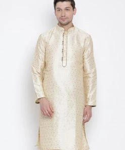 Vastramay Men's Gold Cotton Silk Blend Kurta