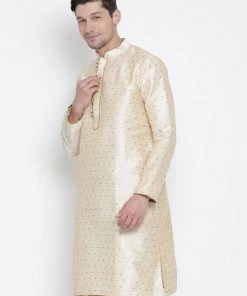 Vastramay Men's Gold Cotton Silk Blend Kurta