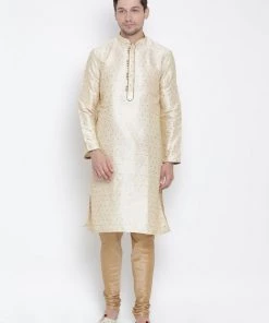 Vastramay Men's Gold Cotton Silk Blend Kurta