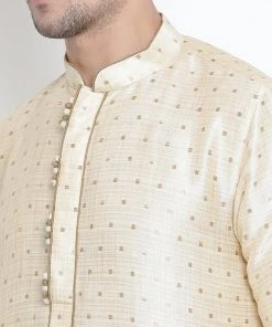 Vastramay Men's Gold Cotton Silk Blend Kurta And Dhoti Pant Set